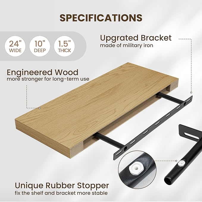 Fun Memories 24 x 10 Floating Shelves Wall-Mounted - Rustic Wood Shelf - 10 Inch Deep Floating Shelves for Wall - Large Storage Shelf for Bathroom - Kitchen & Bedroom - Oak - Set of 2