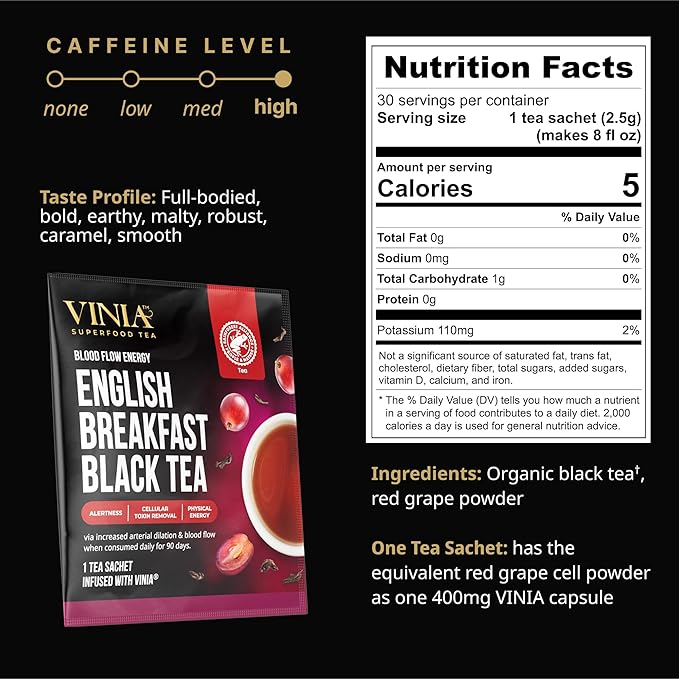 VINIA English Breakfast Black Tea Bags, Made with Organic Tea, Infused with Piceid Resveratrol for Heart Health, Nitric Oxide, Physical Energy, Alertness, Blood Flow, Keto, Kosher, NON-GMO. 30 Ct