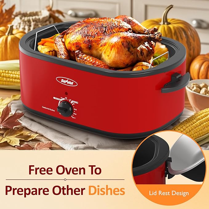 Sunvivi 26 Quart Roaster Oven, Electric Roaster Oven with Glass Lid, Turkey Roaster Buffet with Self-Basting Lid, Removable Pan, Cool-Touch Handles, Red