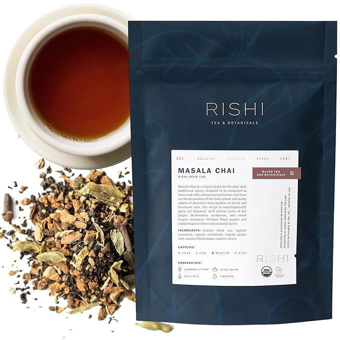Rishi Tea Masala Chai Black Loose Leaf Tea Blend - Organic, Assam with Whole Spices, Energizing & Caffeinated - 4 Ounces, 9+ Servings