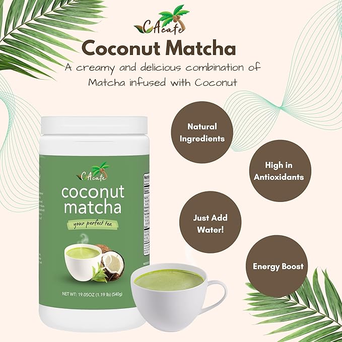 CAcafe Coconut Matcha | Instant Japanese Health Drink | Creamy & Sweet | Hot or Iced Green Tea Latte Mix | New Look, Reduced Sugar | Non-GMO | No Artificial Flavors or Colors | 2-Pack