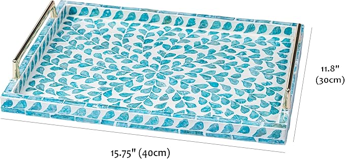 PEMAR Capiz Shell Decorative Tray with Gold Handles – 15.7"x11.8" Rectangular Display & Serving Tray for Vanity, Dresser, Bathroom (Teal Floral)