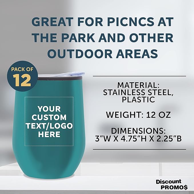 Custom Stemless Wine Tumblers 12 oz. Set of 12, Personalized Bulk Pack - Insulated, Perfect for Wine, Cocktails, Other Hot & Cold Beverages - Teal