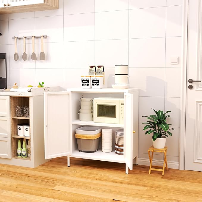 Small 2 Transparent Door Metal Storage Side Buffet Cabinet for Bed Room,Living Room,Entryway,Hallway,Home,Hotel,Office,Garage,Kitchen,1 Removable Shelf. (Striped Door, White)