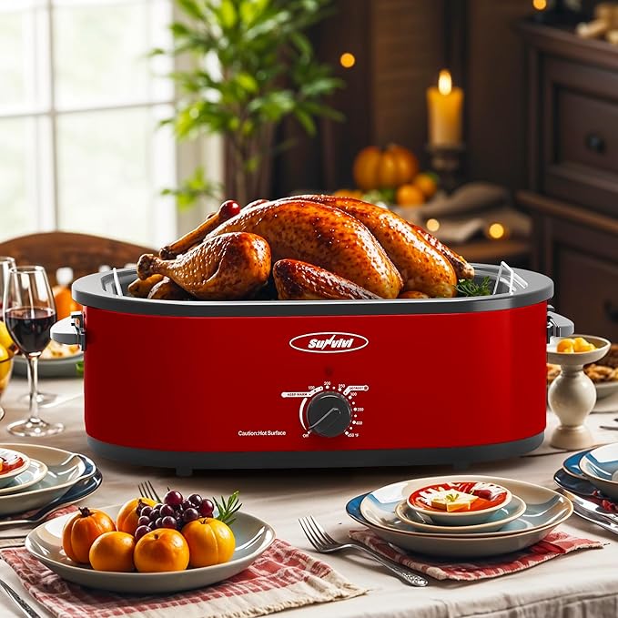 Sunvivi Electric Roaster,18 Quart Roasting Oven with Self-Basting Lid Removable Pan,Turkey Roaster Oven with 150 to 450F Temperature Control Cool-Touch Handles,Red