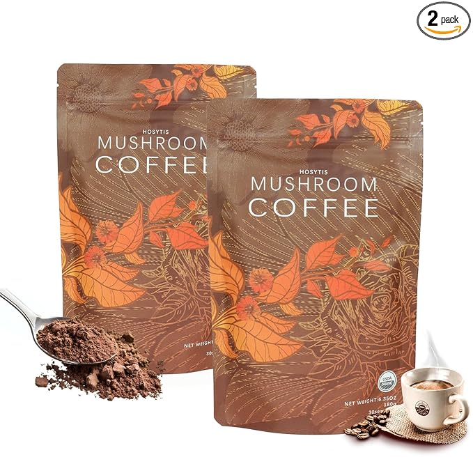 Organic Instant Mushroom Coffee with Lion's Mane, Reishi, Cordyceps, Shiitake, King Trumpet & Turkey Tail Coffee,30 Servings 6.35 oz for Greater Energy, More Focus, Better Digestion, and Gut Support(2 Pack)
