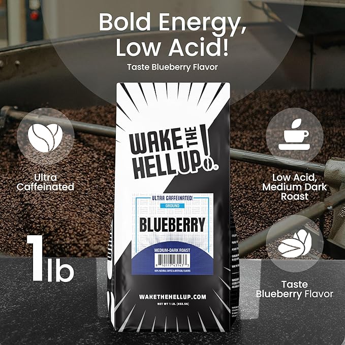Wake The Hell Up! 1lb Ultra-Caffeinated Blueberry Ground Coffee, Low Acid, Medium-Dark Roast