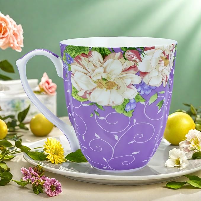 14oz Bone China Coffee Mug Floral Bone Mug Cute Coffee Mugs Teacup for Women Mom Friend (Romantic Purple)