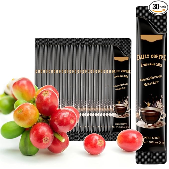 Instant Coffee 30 Packets Single Serve, Sugar Free -Medium Roast -Lightly Flavored, 100% Arabica Pure Black Coffee Powder, Organic Instant Coffee Sticks for Hot & Iced