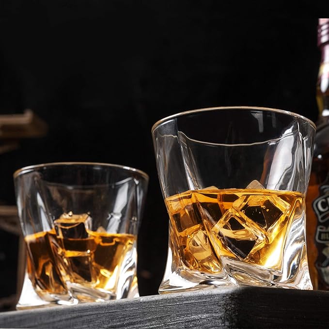 KANARS Old Fashioned Whiskey Glasses with Luxury Box - 10 Oz Twisted Liquor Tumblers for Scotch, Bourbon, and Cocktail Drinks - Set of 2 - Men Gift for Christmas Birthday Anniversary
