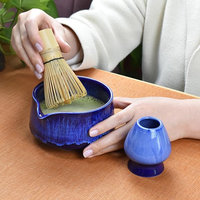 Artcome Matcha Tool Set - Complete Kit with Matcha Bowl with Spout, Bamboo Whisk, Tea Scoop & Whisk Holder, Glaze Blue