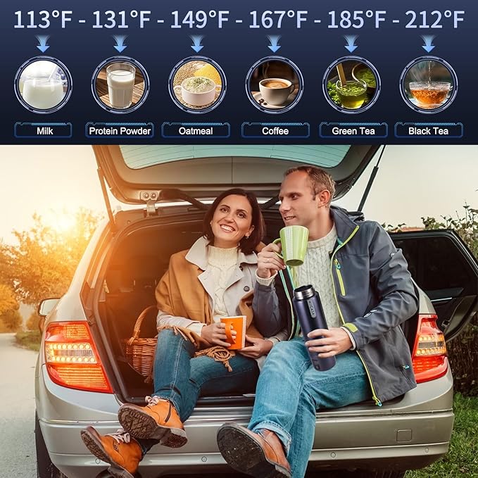 Vacuum Insulated Car Electric Kettle,Miicasa Stainless Steel Tumbler Car Water Heater,12V/24V Water Boiler with 6 Temperature and Auto Shut-Off Boil Dry,16oz