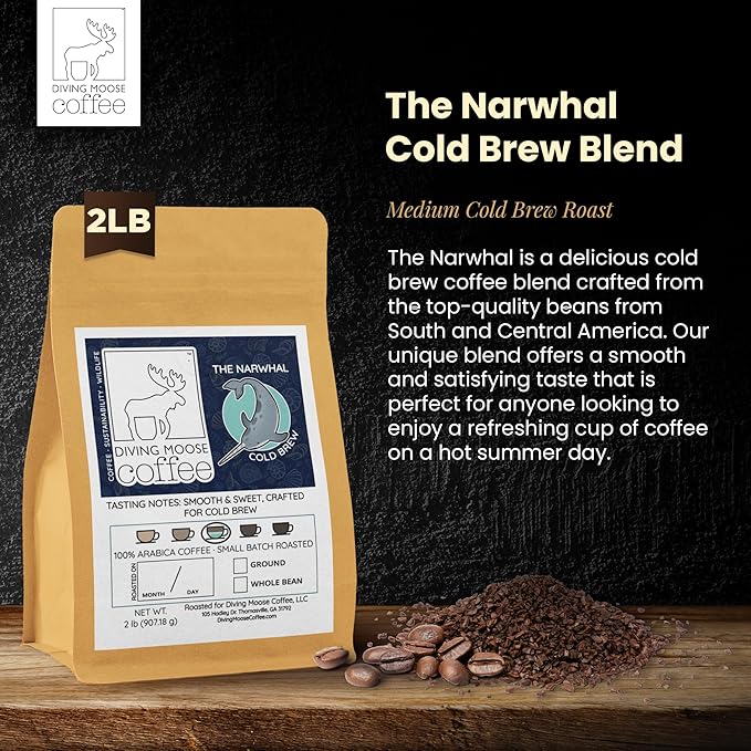 Diving Moose Coffee - The Narwhal Cold Brew Blend Medium Roast (32oz / 2 LB) - Lightly Sweet Specialty Grade Small-Batch Roasted to Order Smooth Not Bitter
