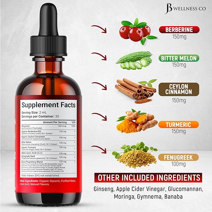 Berberine with Ceylon Cinnamon Supplement Liquid Drops + Bitter Melon Extract, Glucomannan, Gymnema, Chromium, Turmeric, Panax Ginseng, Moringa- 2 OZ
