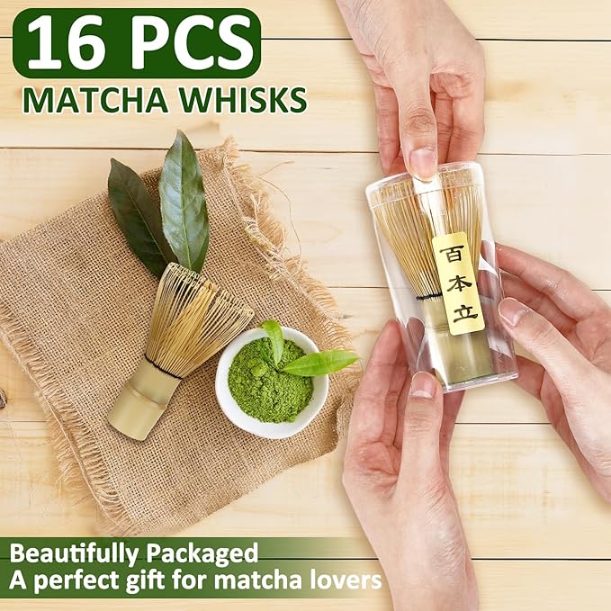 LemonRoad 16 Pcs Matcha Whisk Bulk 100 Prong Bamboo Whisk for Matcha Powder Traditional Japanese Chasen Handcrafted Organic Bamboo Stirrer Mixer Brush Authentic Ceremonial Tea Preparation Starter