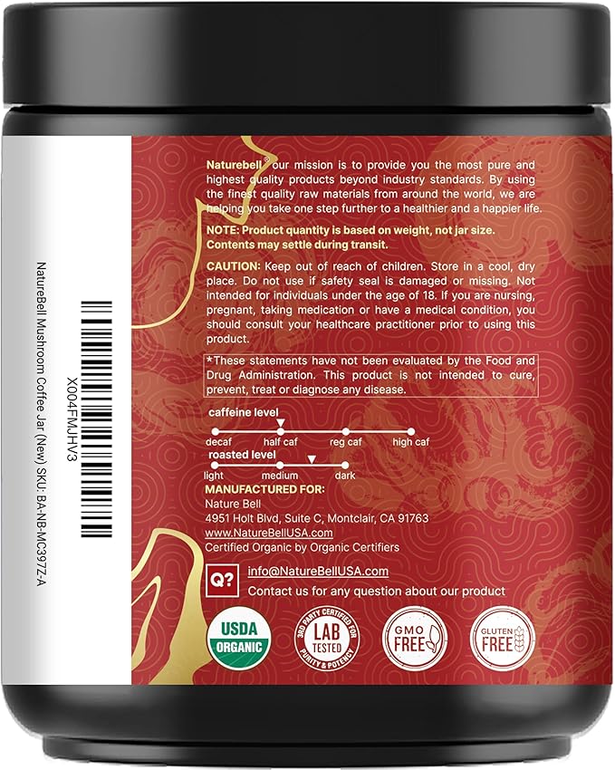 NatureBell Organic Mushroom Coffee with MCT Oil, 12oz (85 Servings) | 10-in-1 Adaptogenic Blend with Lion’s Mane, Reishi, Shiitake, Chaga & More | Instant Mix