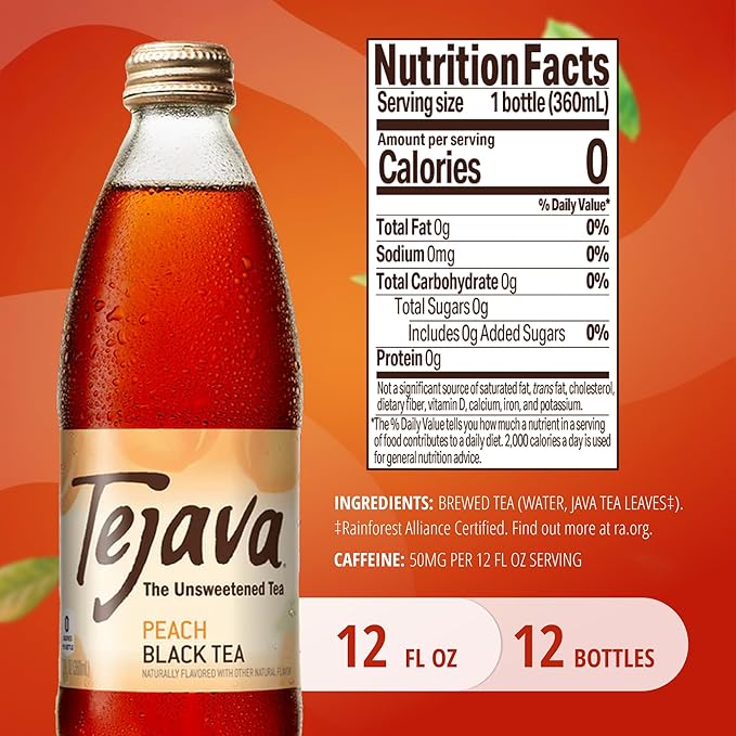 Tejava Peach Black Iced Tea, 12 Pack, 12oz Glass Bottles, Unsweetened, Non-GMO, Kosher, No Sugar or Sweeteners, No calories, No Preservatives, Brewed in Small Batches