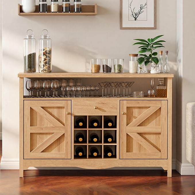 45.7” Wine Cabinet，Farmhouse Home Coffee Bar Sideboard Buffet Cabinet Liquor Storage with 9 Wine Racks & 2 Doors for Kitchen, Living and Dining Room (1, Natural)