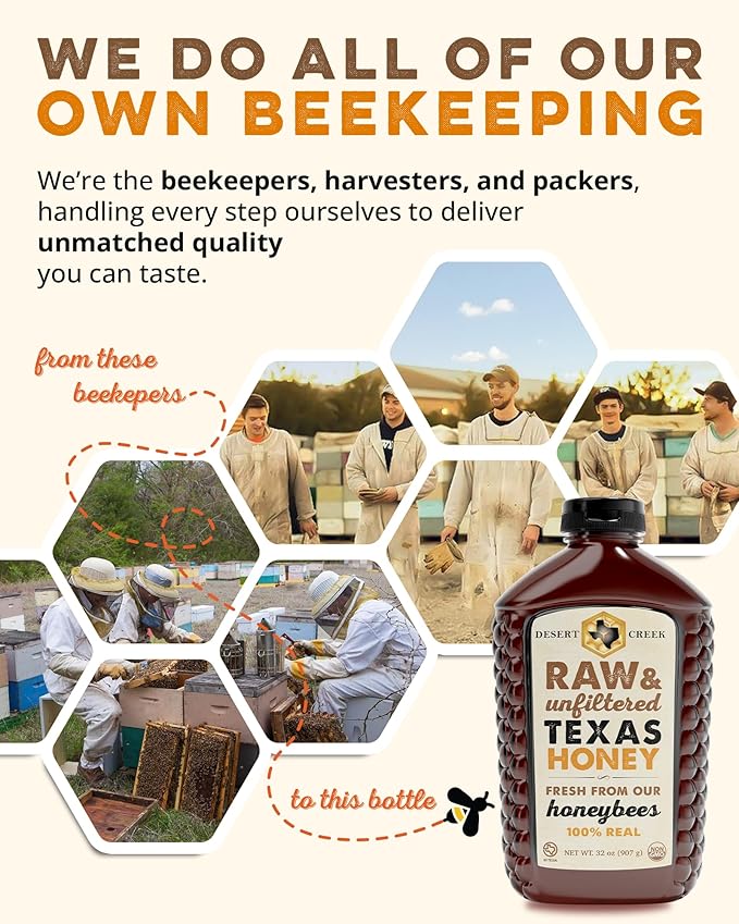 Desert Creek Honey - 100% Unfiltered, Pure, Raw Honey from Texas - Natural Sugar Substitute - Two Pounds of Unprocessed, Unpasteurized American Honey - Harvested by Our Own Beekeepers