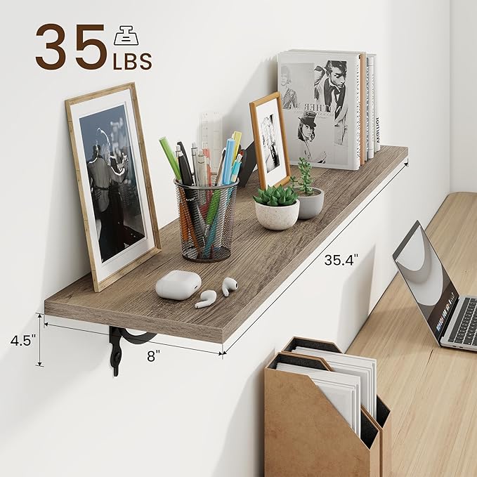 RICHFOCUS Floating Shelves for Wall Decor, 35.4W x 8D Wall Shelves Set of 2, 8 Inch Deep Rustic Wood Shelves Wall Mounted with Brackets, Long Floating Shelves for Living Room Bedroom Kitchen, Grey