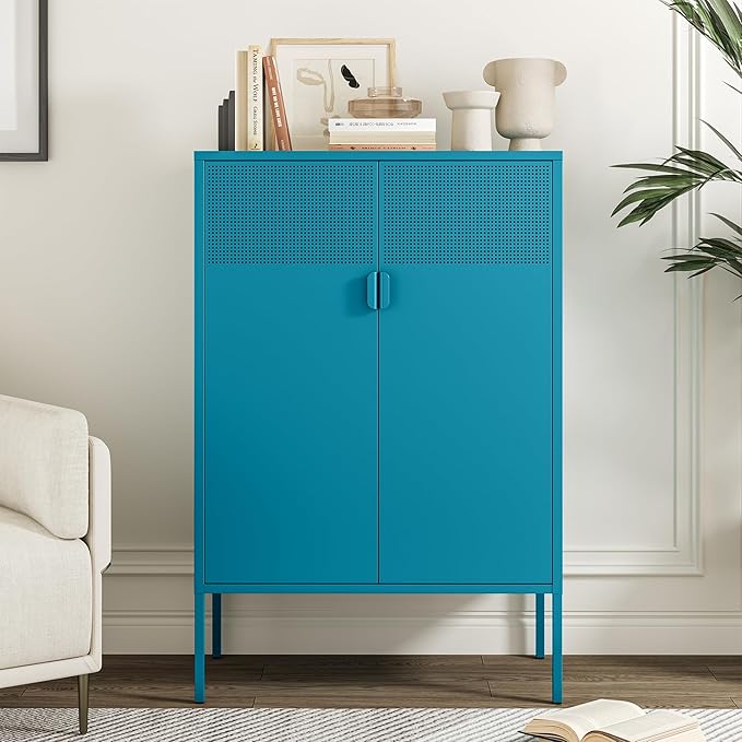 Metal Storage Cabinet,Kitchen Pantry Storage Cabinets with Doors,Buffet Cabinet with 2 Adjustable Shelves,Blue Pantry Cabinets,Steel Sideboard for Home,Shoes,Office,Dining Room