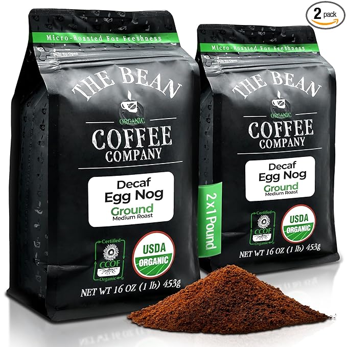 The Bean Organic Coffee Company Water Processed DECAF Egg Nog, Medium Roast, Ground Coffee, 16-Ounce Bags (Pack of 2), Café Molido Tostado Orgánico descafeinado