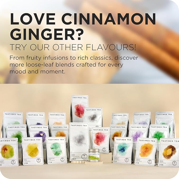 Tastings Tea Cinnamon Ginger Loose Leaf, 8 oz | Winter Warming Herbal Spice Blend for a Seasonal Brew | Natural Antioxidants for Wellness | Small Batch & Sustainably Sourced | Resealable Pouch