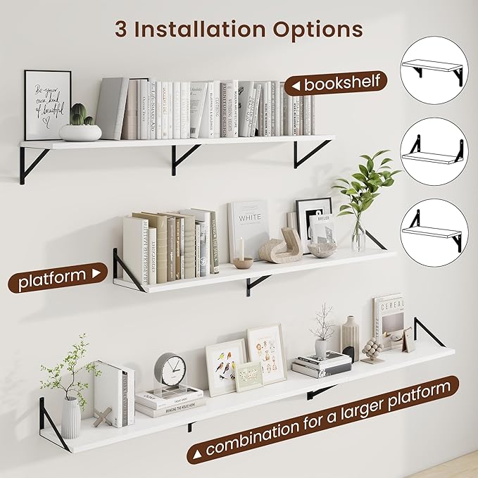 Axeman Deep Floating Shelves for Wall - 55 Inch Wide x 10 Inch Deep White Floating Shelves Set of 2 - Wide Wall Shelves for Living Room Bathroom Bedroom