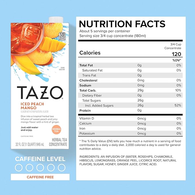 TAZO Tea Concentrate, Chocolate Chai Latte, Strawberry Matcha Latte, Iced Peach Mango 32 Fl Oz (2ea) (Variety Pack)