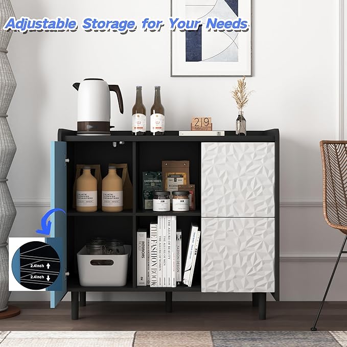 35" Small Sideboard Storage Cabinet with Storage, Storage Cabinet with Adjustable Shelf, 2 Drawers, 1 Blue Door, Modern Coffee Bar Cabinet for Dining Room, Living Room