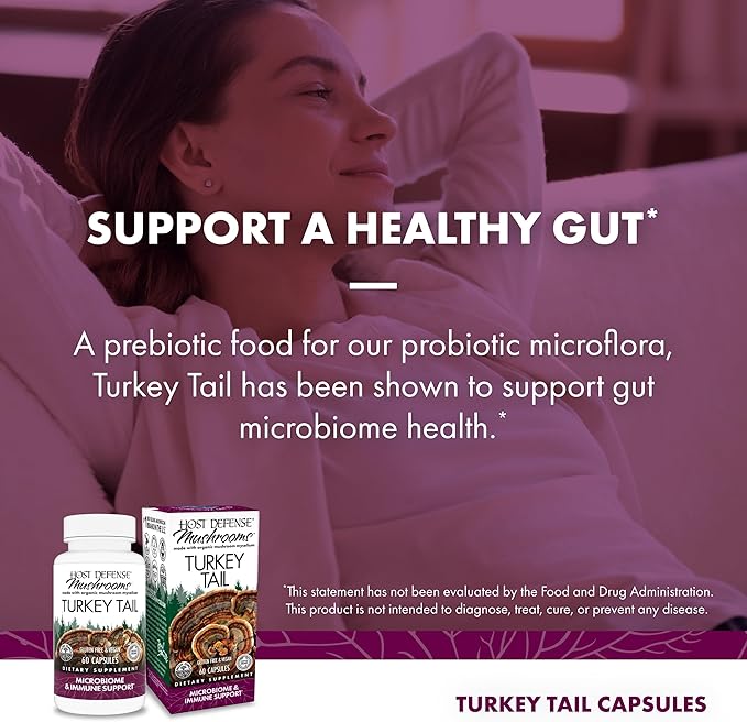 Host Defense Turkey Tail Capsules - Digestive Health & Immune Response Support Supplement - Mushroom Supplement for Gastrointestinal & Gut Microbiome Support - 60 Capsules