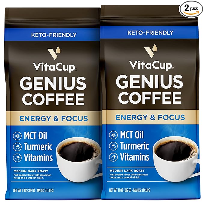 VitaCup Genius Ground Keto Coffee w/Turmeric, MCT Oil, B Vitamins, D3, Ground Coffee Medium Dark Roast, Bold & Smooth, 100% Arabica Coffee Grounds, 2 bags, 11oz each
