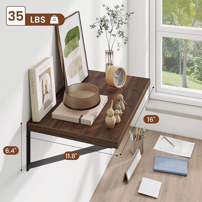Deep Wall Shelves 16"W x 12"D Engineered Wood Floating Shelves for Wall, Sturdy Metal Bracket Bookshelves Home Decor Storage for Living Room Bedroom Bathroom Kitchen, Set of 2, Walnut Finish