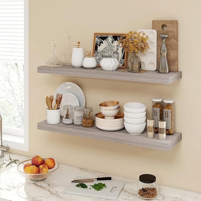 36 Inch Floating Shelves, 9.3" Deep Floating Shelf Wall Mounted, 36" Wall Shelves, Rustic Deep Bookshelf, Large Display Shelves & Storage Shelves for Bedroom, Living Room, Gray, Set of 2