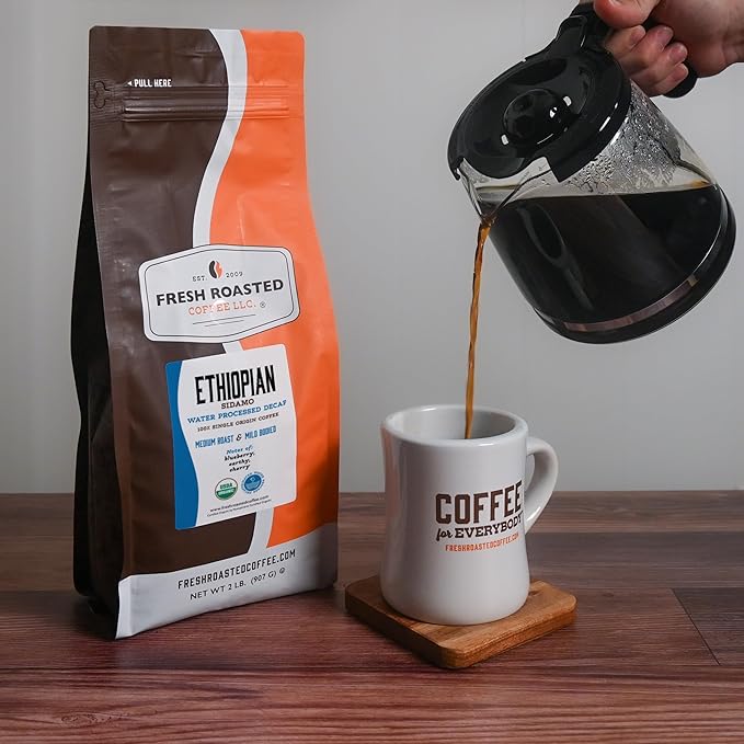 Fresh Roasted Coffee, Organic Ethiopian Sidamo Water-Processed Decaf | USDA Organic, 100% Single Origin, Kosher | Medium Roast 2 lb (32 oz) Whole Bean