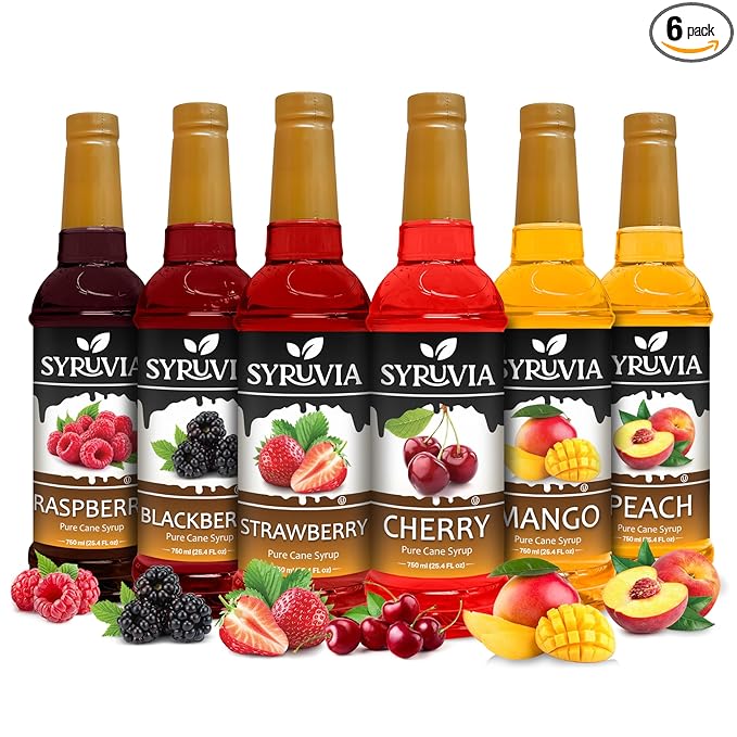 Syruvia Summer Fruit Syrup Variety Pack – Strawberry, Blackberry, Raspberry, Cherry, Mango & Peach – 25.4 fl oz Bottles – Perfect for Summer Sodas, Lemonades, Iced Teas, and Cocktails! (6-Pack)