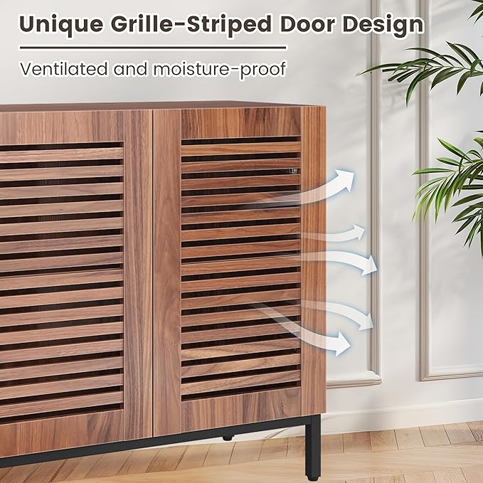 JOMEED Buffet Sideboard Cabinet with Grille-Striped Doors & Adjustable Shelf, Wood Storage Cabinet for Kitchen, Dining Room, Living Room, Entryway Walnut