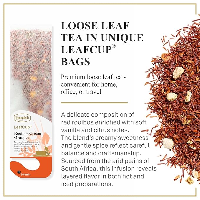 Ronnefeldt LeafCup Rooibos Cream Orange Chai – Naturally Caffeine-Free Red Herbal Tea with Sweet Orange Peel & Vanilla – 15 Individually Wrapped Loose Leaf Tea Bags – Packed in Germany