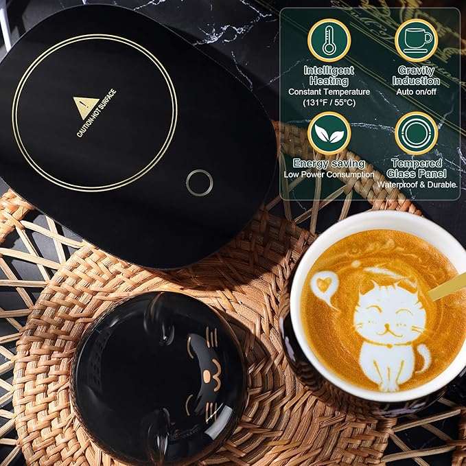Honeydak Coffee Mug Warmer Cute Cat Mug Set Cup Warmer for Desk for Women Heated Coffee Warmer for Mom Home Office Christmas Birthday Gifts(Black)