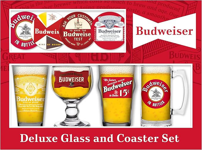 Budweiser 4 Beer Glass and Coaster Deluxe Gift Set