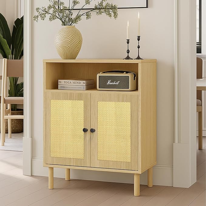 Rattan Small Coffee Bar Cabinet, Kitchen Storage Sideboad,Bathroom Corner Floor Shallow Cabinet with Adjustable Shelves & 2 Doors 11.6'' x 23.2'' x 32'' (Oak)