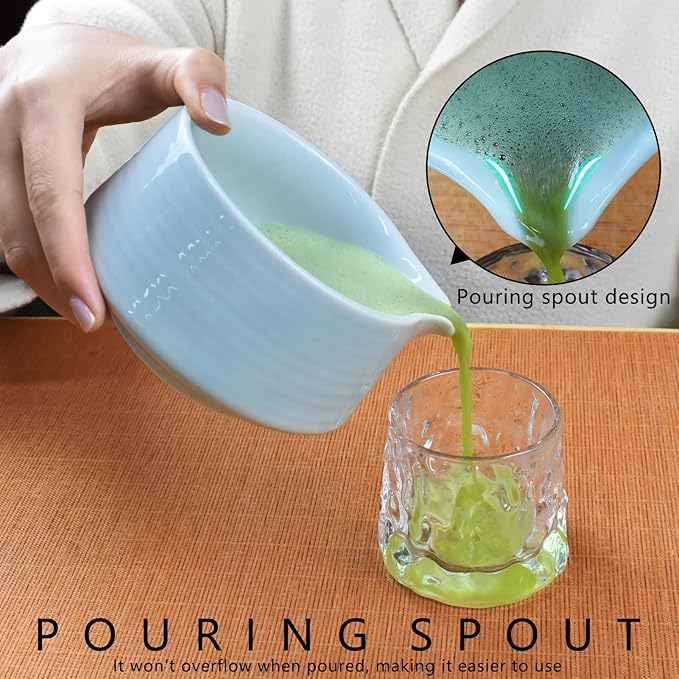 Artcome Matcha Tool Set - Complete Kit with Matcha Bowl with Spout, Bamboo Whisk, Tea Scoop & Whisk Holder, Celadon Blue
