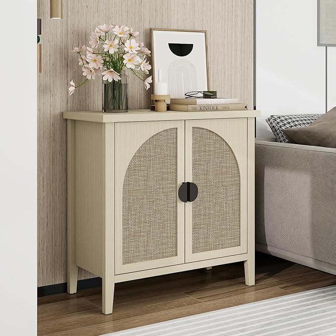 Rattan Door Sideboard Buffet Cabinet, Modern 2-Door Coffee Bar with Adjustable Shelf, Small Wood Credenza Cabinet with Storage for Living Room, Dining Room, Entryway, Natural