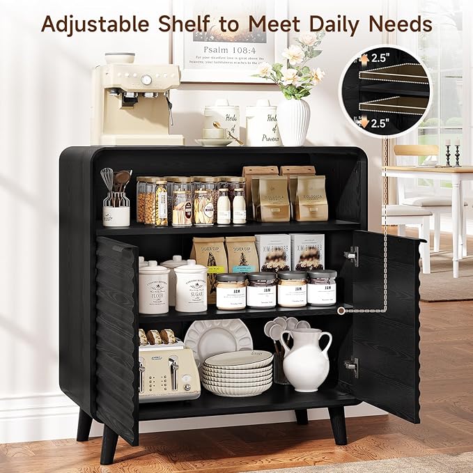 ONBRILL 31.5" Sideboard Buffet Cabinet with Storage, Curved Sideboard with 2 Wave Doors and Angled Side Frame, Small Storage Cabinet with Adjustable Shelves, Coffee Bar Cabinet for Dining Room, Blcak