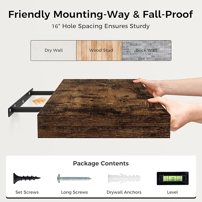 Floating Shelves 36 Inch Long, 12 Inch Deep Floating Shelves for Wall, 36 x 12 Shelves for Wall Storage & Display, 2" Thick Floating Shelf for Bathroom, Living Room, Rustic Brown Color, Set of 1
