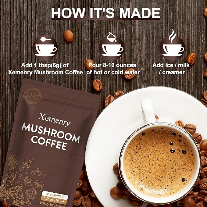 Instant Mushroom Coffee Mix with Lion's Mane, Cordyceps & Turkey Tail | 6-Superfood Blend | Keto & Paleo Friendly | 6.35oz Pouch (30 Servings)