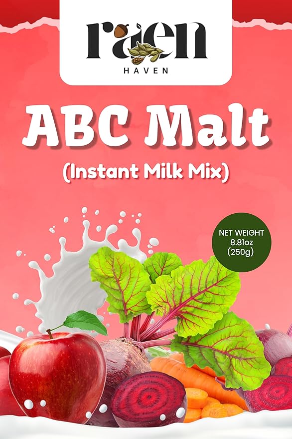 Raen Haven ABC Malt Instant Milk Mix – 8.81 oz (250g) | Nutritious Blend with Apples, Carrot, Brown Sugar, Almonds, Pistachios, Cashew Nuts, Walnuts & Cardamom | Energy Drink Powder | Pack of 1