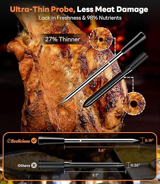 Beelicious Pro Wireless Meat Thermometer – Stable Bluetooth Smart Probe with ±1.8℉ Accuracy, 0.5s Fast Response & Long-Lasting Battery, IP67 Waterproof, App Controlled for Grill, Oven, Air Fryer