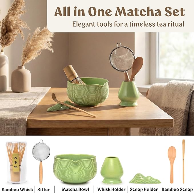 Matcha Kit Whisk Set (7 Pcs) - Complete Matcha Set, Matcha Bowl with Spout, Whisk with Holder, Bamboo Scoop with Rest and Sifter, Perfect Kit for Matcha Lovers (Green Mist)