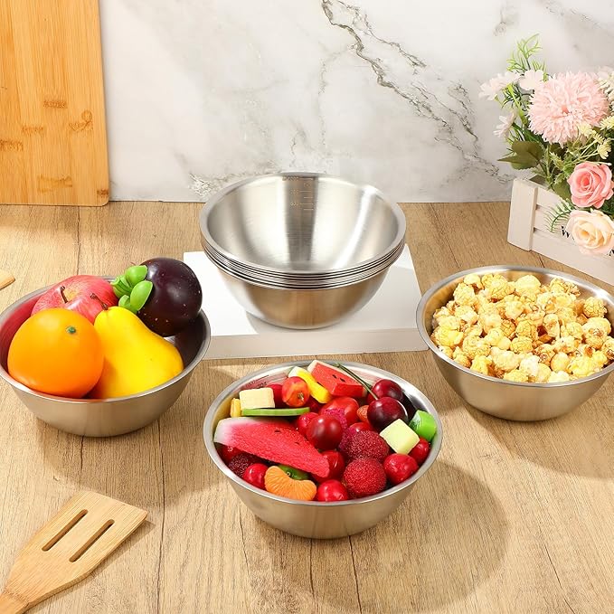 Honeydak 12 Pcs 304 Stainless Steel Mixing Bowls with Graduations, 31 oz Salad Bowls Metal Serving Reusable Baking Food Storage Containers for Baking, Cooking, Making Salads, Soups, Ice Cream, Noodles
